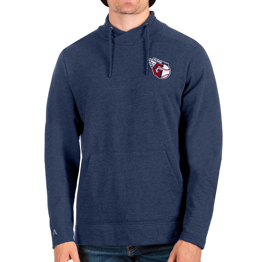 Men's Cleveland Guardians Antigua Heathered Navy Crossover Neckline Pullover Sweatshirt