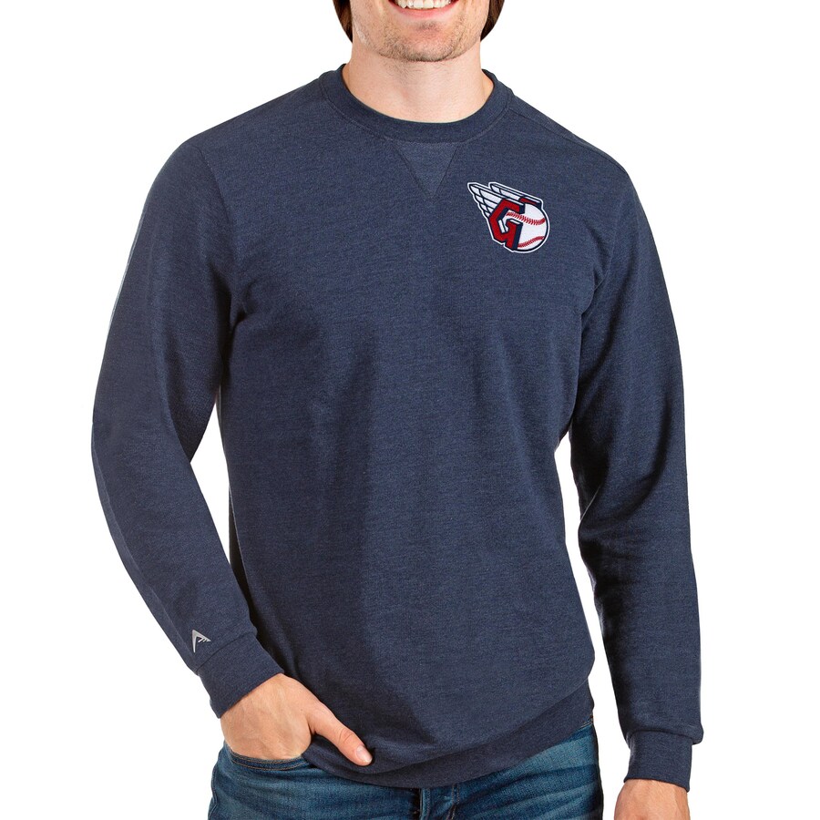 Men's Cleveland Guardians Antigua Heathered Navy Reward Crewneck Pullover Sweatshirt