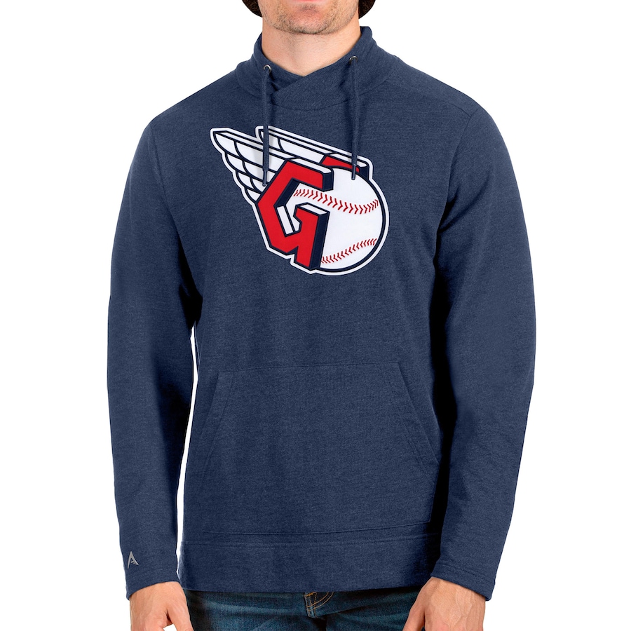 Men's Cleveland Guardians Antigua Heathered Navy Team Crossover Neckline Pullover Sweatshirt