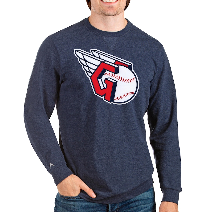 Men's Cleveland Guardians Antigua Heathered Navy Team Reward Crewneck Pullover Sweatshirt