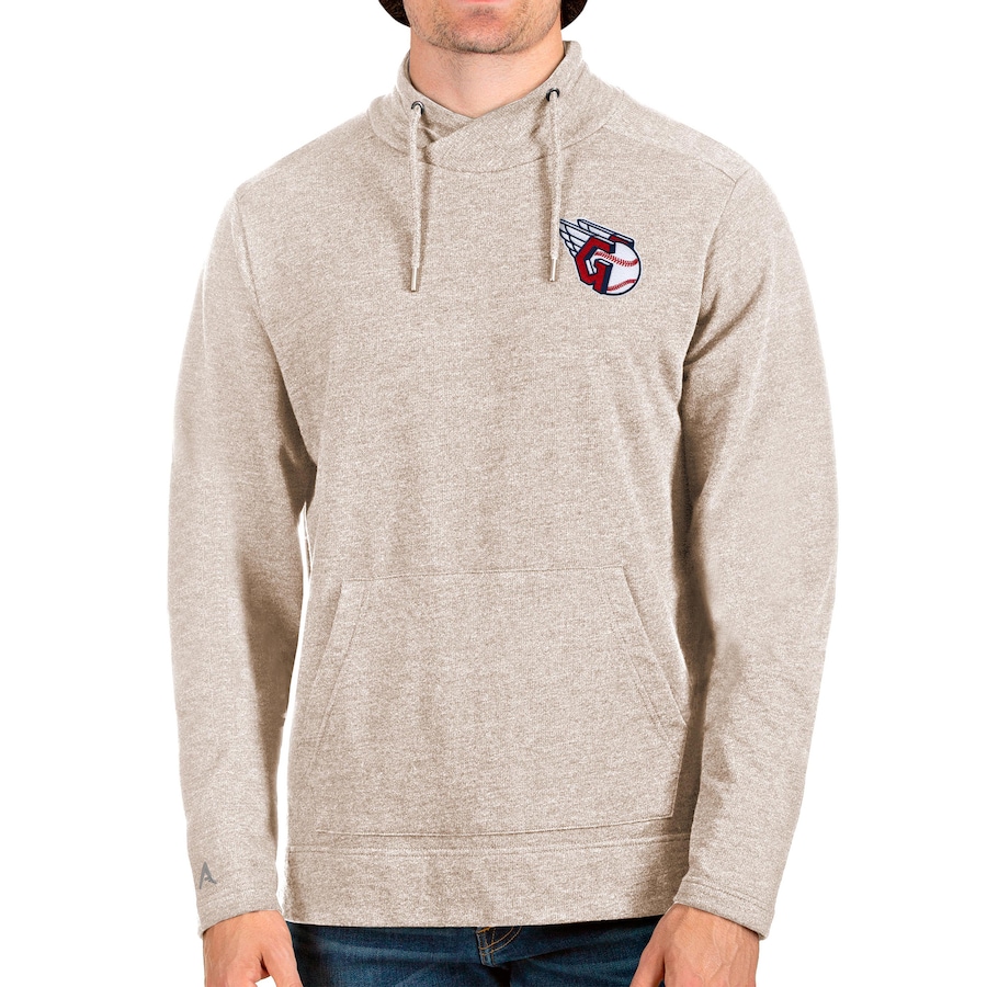 Men's Cleveland Guardians Antigua Oatmeal Crossover Neckline Pullover Sweatshirt