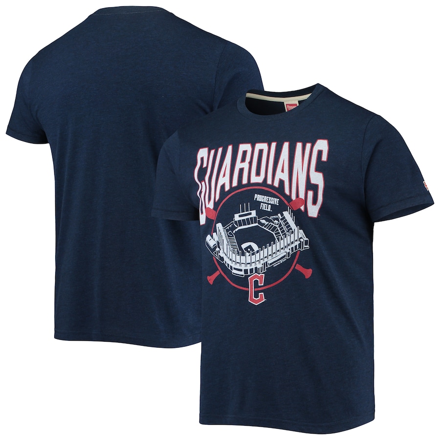 Men's Cleveland Guardians Homage Heathered Navy Stadium Tri-Blend T-Shirt
