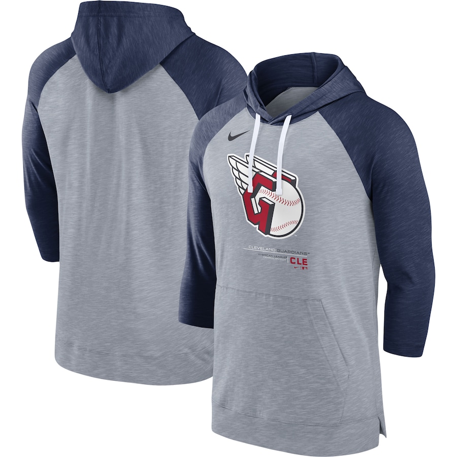 Men's Cleveland Guardians Nike Heather Gray/Heather Navy Baseball Raglan 3/4-Sleeve Pullover Hoodie Men's Cleveland Guardians Nike Heather Gray/Heather Navy Baseball Raglan 3/4-Sleeve Pullover Hoodie