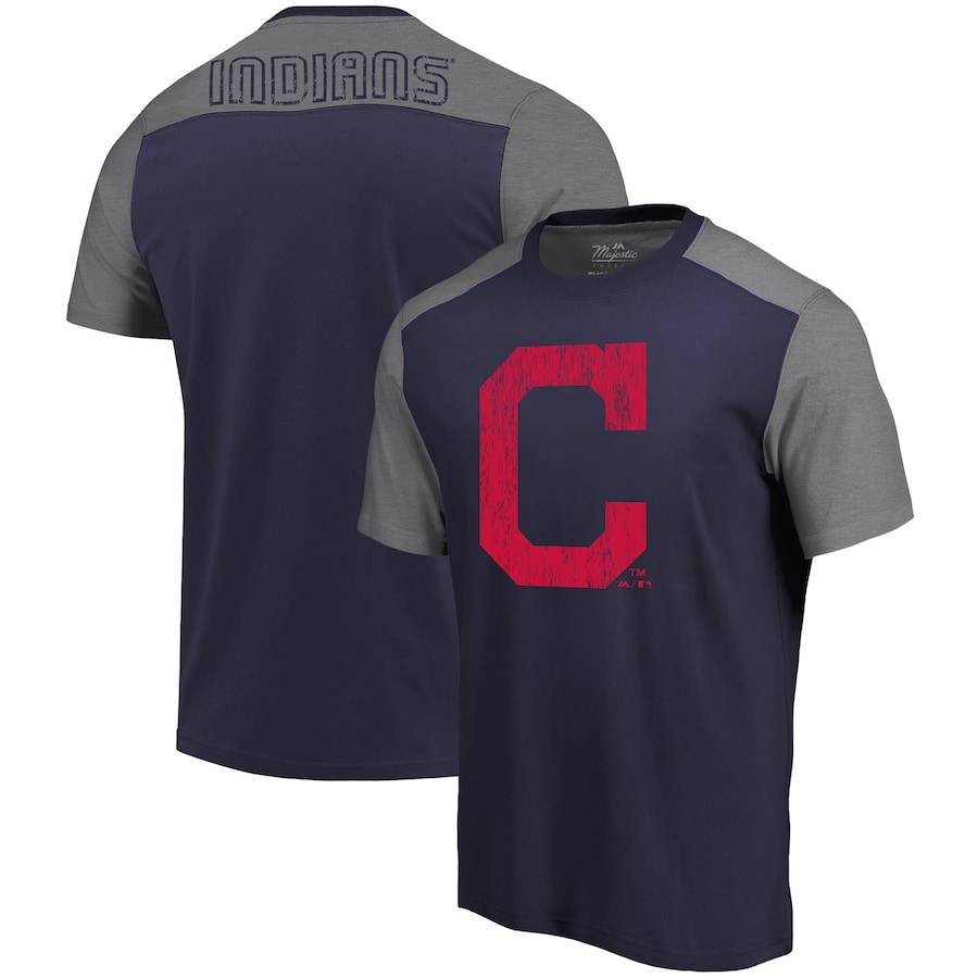 Men's Cleveland Indians Majestic Threads Navy/Gray Color Blocked T-Shirt Men's Cleveland Indians Majestic Threads Navy/Gray Color Blocked T-Shirt