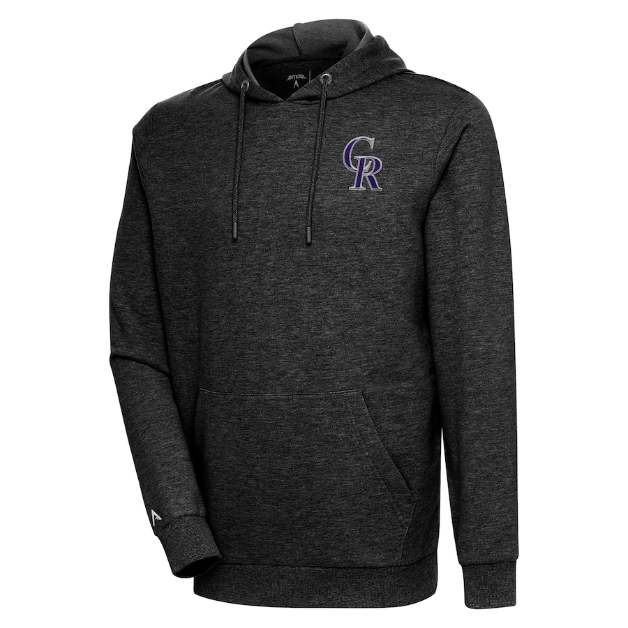 Men's Colorado Rockies Antigua Heather Black Action Pullover Hoodie Men's Colorado Rockies Antigua Heather Black Action Pullover Hoodie