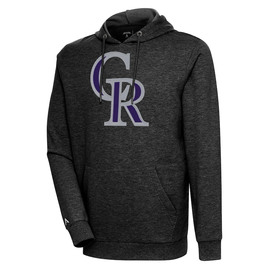 Men's Colorado Rockies Antigua Heather Black Action Pullover Hoodie Men's Colorado Rockies Antigua Heather Black Action Pullover Hoodie