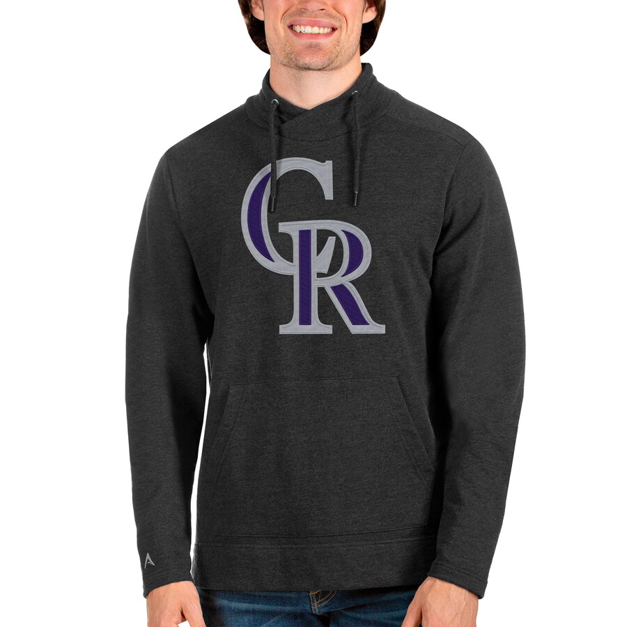 Men's Colorado Rockies Antigua Heathered Black Reward Pullover Sweatshirt Men's Colorado Rockies Antigua Heathered Black Reward Pullover Sweatshirt