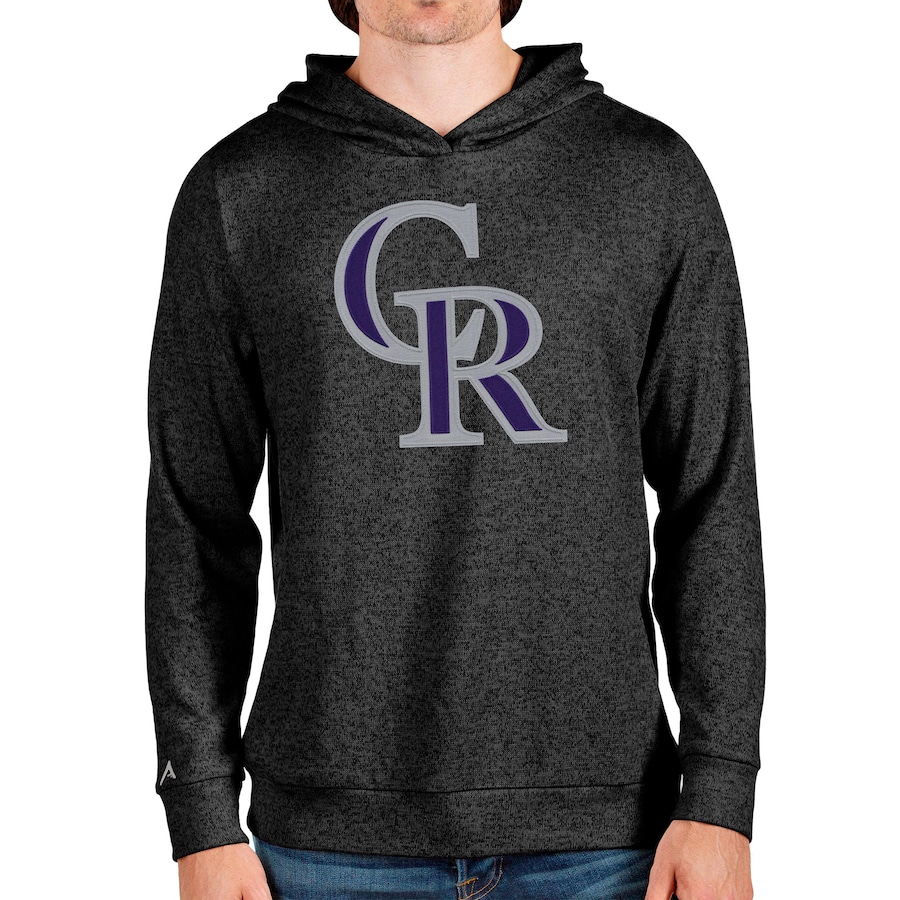 Men's Colorado Rockies Antigua Heathered Black Team Logo Absolute Pullover Hoodie Men's Colorado Rockies Antigua Heathered Black Team Logo Absolute Pullover Hoodie