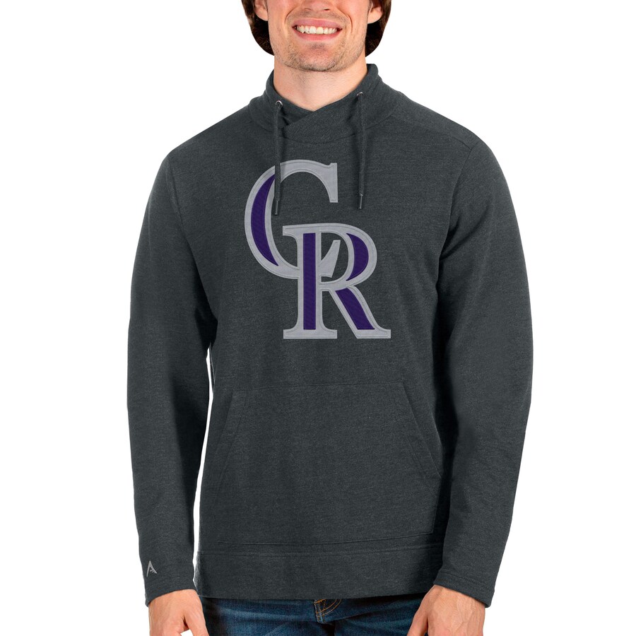 Men's Colorado Rockies Antigua Heathered Charcoal Reward Pullover Sweatshirt Men's Colorado Rockies Antigua Heathered Charcoal Reward Pullover Sweatshirt