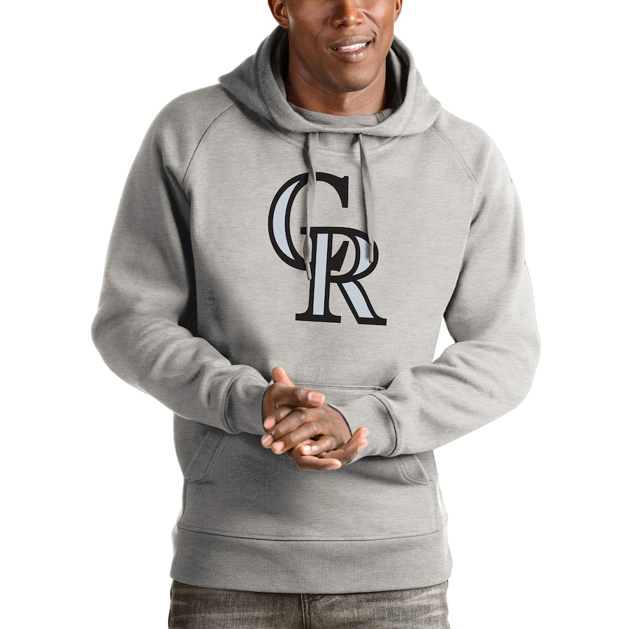 Men's Colorado Rockies Antigua Heathered Gray Victory Pullover Hoodie Men's Colorado Rockies Antigua Heathered Gray Victory Pullover Hoodie