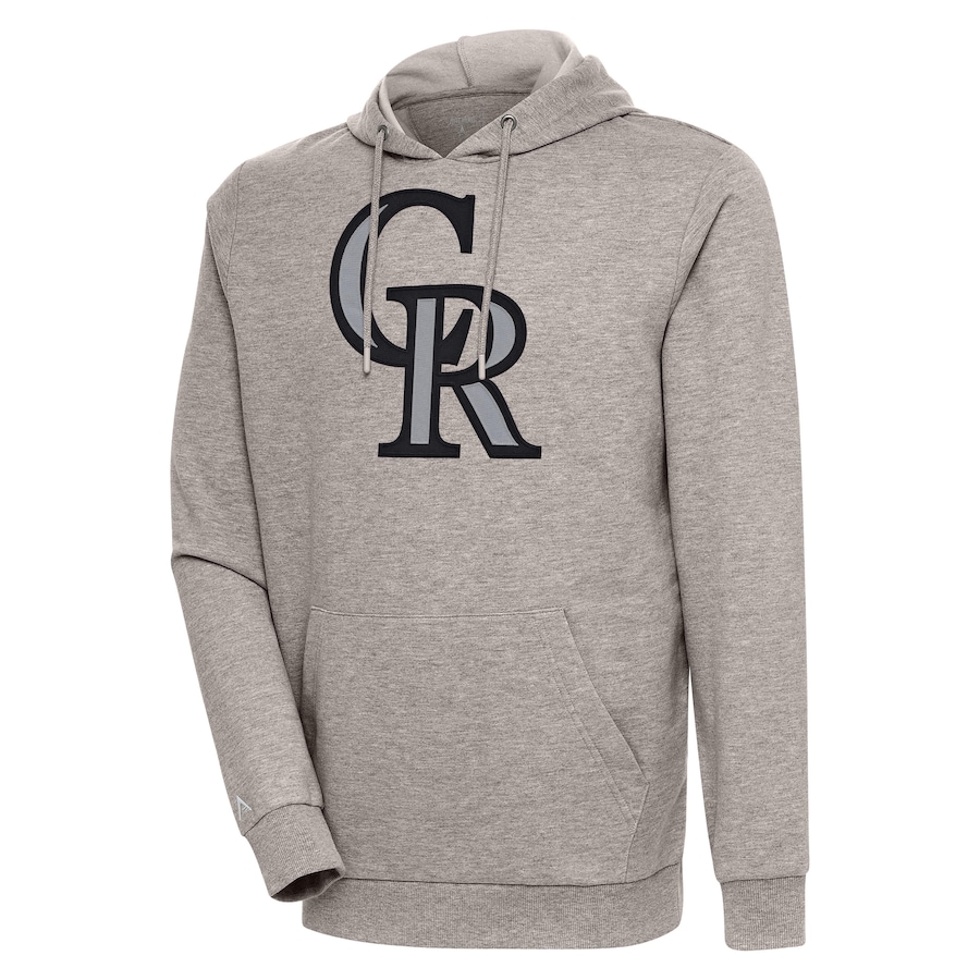 Men's Colorado Rockies Antigua Oatmeal Action Pullover Hoodie Men's Colorado Rockies Antigua Oatmeal Action Pullover Hoodie