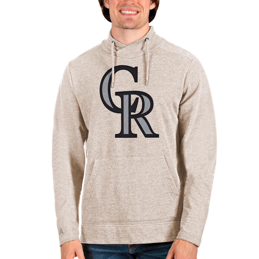 Men's Colorado Rockies Antigua Oatmeal Reward Pullover Sweatshirt Men's Colorado Rockies Antigua Oatmeal Reward Pullover Sweatshirt