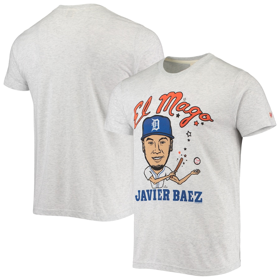 Men's Detroit Tigers Javier Baez Homage Heathered Gray Caricature Tri-Blend T-Shirt