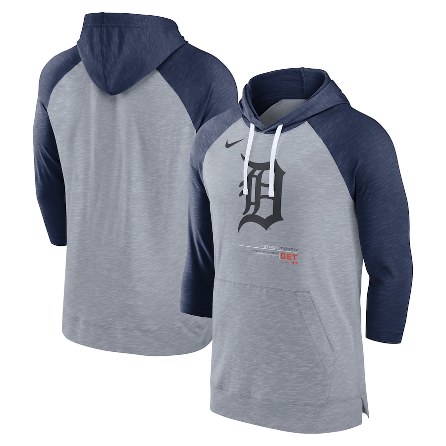 Men's Detroit Tigers Nike Heather Gray/Heather Navy Baseball Raglan 3/4-Sleeve Pullover Hoodie Men's Detroit Tigers Nike Heather Gray/Heather Navy Baseball Raglan 3/4-Sleeve Pullover Hoodie