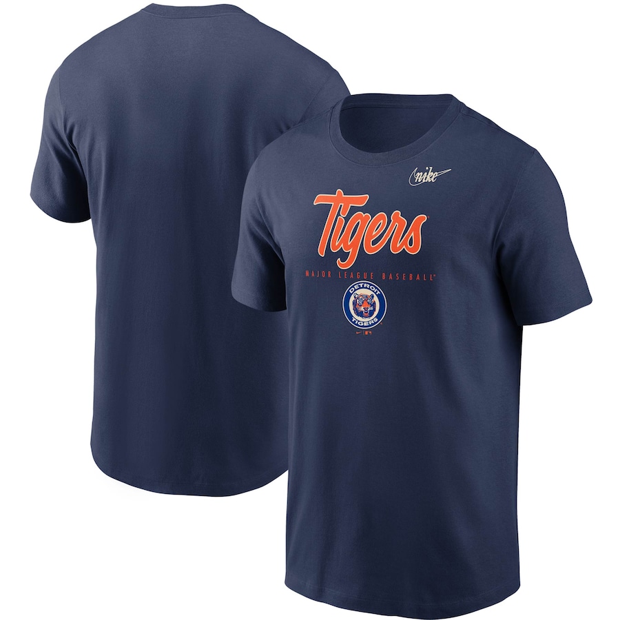 Men's Detroit Tigers Nike Navy Cooperstown Collection Wordmark Script Logo T-Shirt