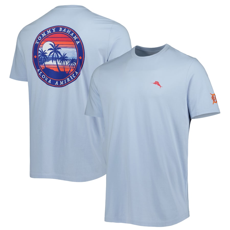 Men's Detroit Tigers Tommy Bahama Light Blue Aloha America T-Shirt Men's Detroit Tigers Tommy Bahama Light Blue Aloha America T-Shirt