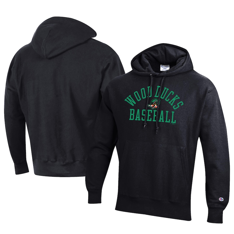 Men's Down East Wood Ducks Champion Black Baseball Reverse Weave Pullover Hoodie