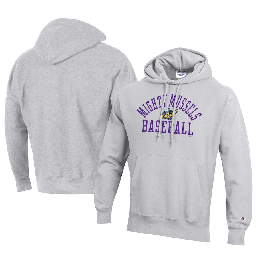 Men's Fort Myers Mighty Mussels Champion Gray Baseball Reverse Weave Pullover Hoodie Men's Fort Myers Mighty Mussels Champion Gray Baseball Reverse Weave Pullover Hoodie