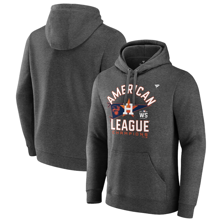 Men's Houston Astros Heathered Charcoal 2021 American League Champions Locker Room Fitted Pullover Hoodie Men's Houston Astros Heathered Charcoal 2021 American League Champions Locker Room Fitted Pullover Hoodie