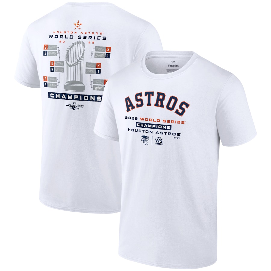Men's Houston Astros White 2022 World Series Champions Milestone Schedule T-Shirt Men's Houston Astros White 2022 World Series Champions Milestone Schedule T-Shirt