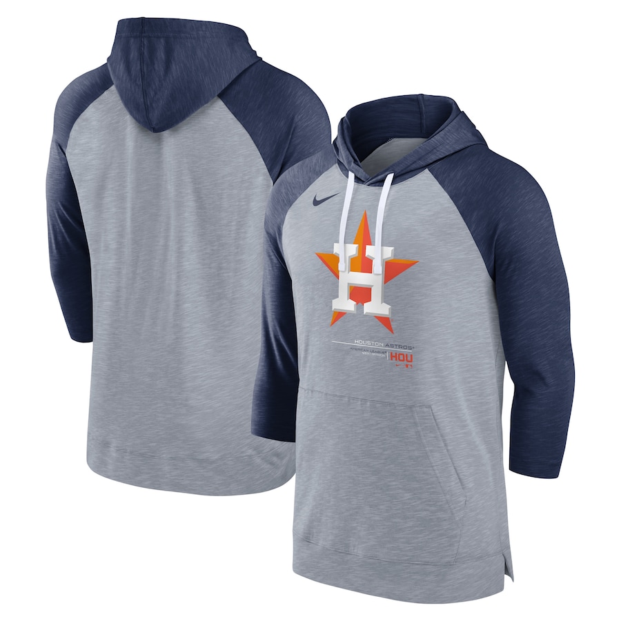 Men's Houston Astros Nike Heather Gray/Heather Navy Baseball Raglan 3/4-Sleeve Pullover Hoodie