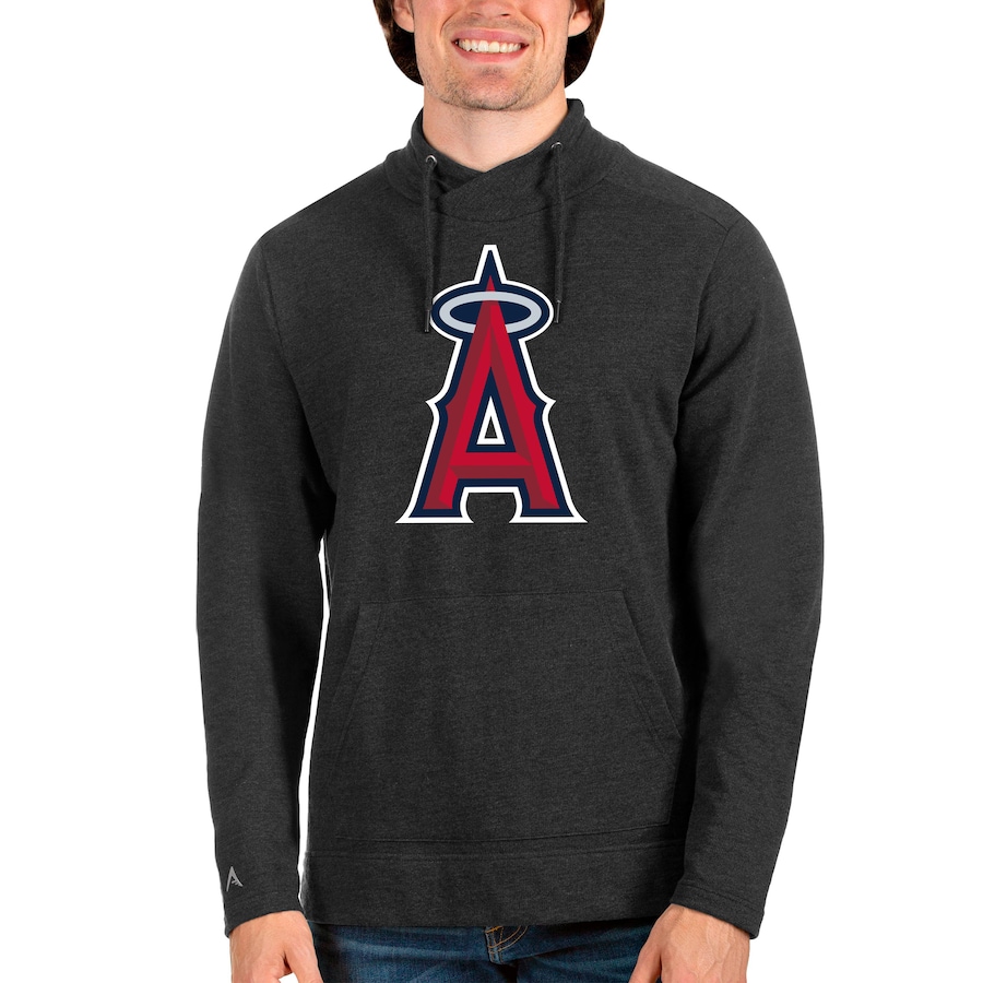 Men's Los Angeles Angels Antigua Heathered Black Reward Pullover Sweatshirt Men's Los Angeles Angels Antigua Heathered Black Reward Pullover Sweatshirt