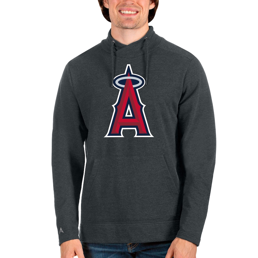 Men's Los Angeles Angels Antigua Heathered Charcoal Reward Pullover Sweatshirt Men's Los Angeles Angels Antigua Heathered Charcoal Reward Pullover Sweatshirt