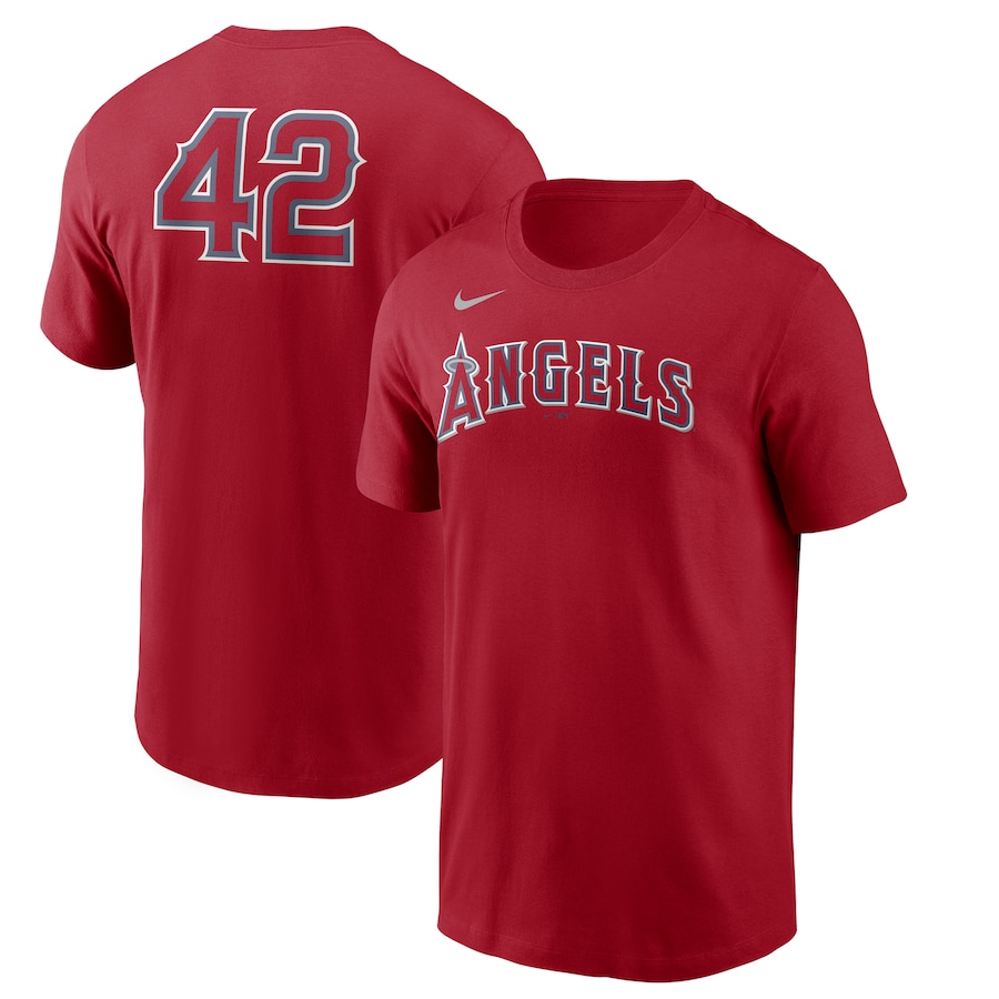 Men's Los Angeles Angels Nike Red Jackie Robinson Day Team 42 T-Shirt Men's Los Angeles Angels Nike Red Jackie Robinson Day Team 42 T-Shirt
