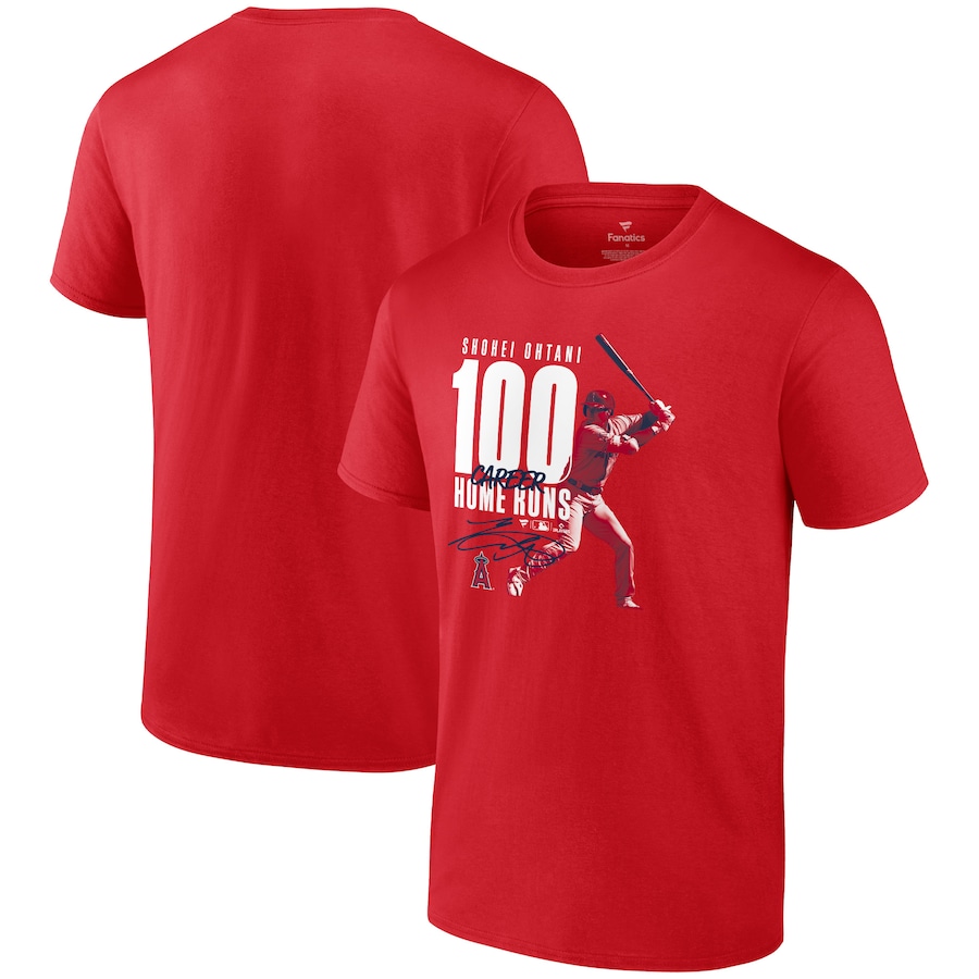 Men's Los Angeles Angels Shohei Ohtani Red 100th Career Home Run T-Shirt