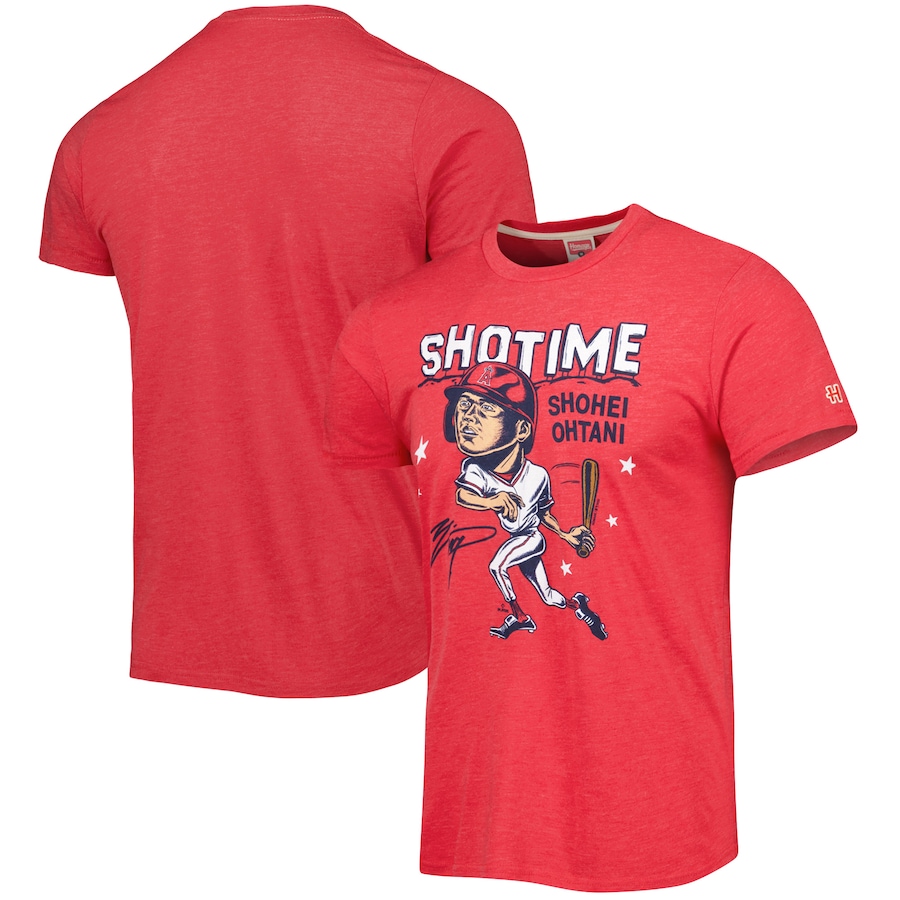 Men's Los Angeles Angels Shohei Ohtani Homage Red Caricature Tri-Blend T-Shirt Men's Los Angeles Angels Shohei Ohtani Homage Red Caricature Tri-Blend T-Shirt