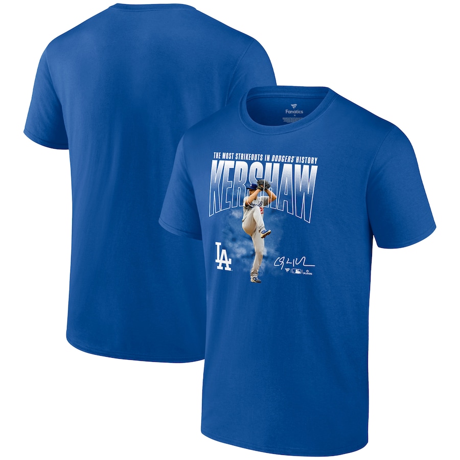 Men's Los Angeles Dodgers Clayton Kershaw Royal Most Strikeouts T-Shirt Men's Los Angeles Dodgers Clayton Kershaw Royal Most Strikeouts T-Shirt
