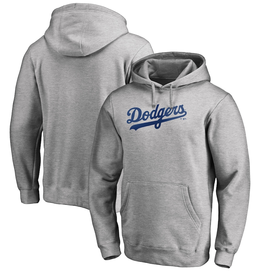 Men's Los Angeles Dodgers Heather Gray Official Wordmark Fitted Pullover Hoodie Men's Los Angeles Dodgers Heather Gray Official Wordmark Fitted Pullover Hoodie