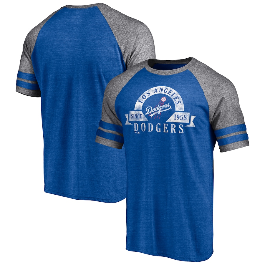 Men's Los Angeles Dodgers Heather Royal Utility Two-Stripe Raglan Tri-Blend T-Shirt Men's Los Angeles Dodgers Heather Royal Utility Two-Stripe Raglan Tri-Blend T-Shirt