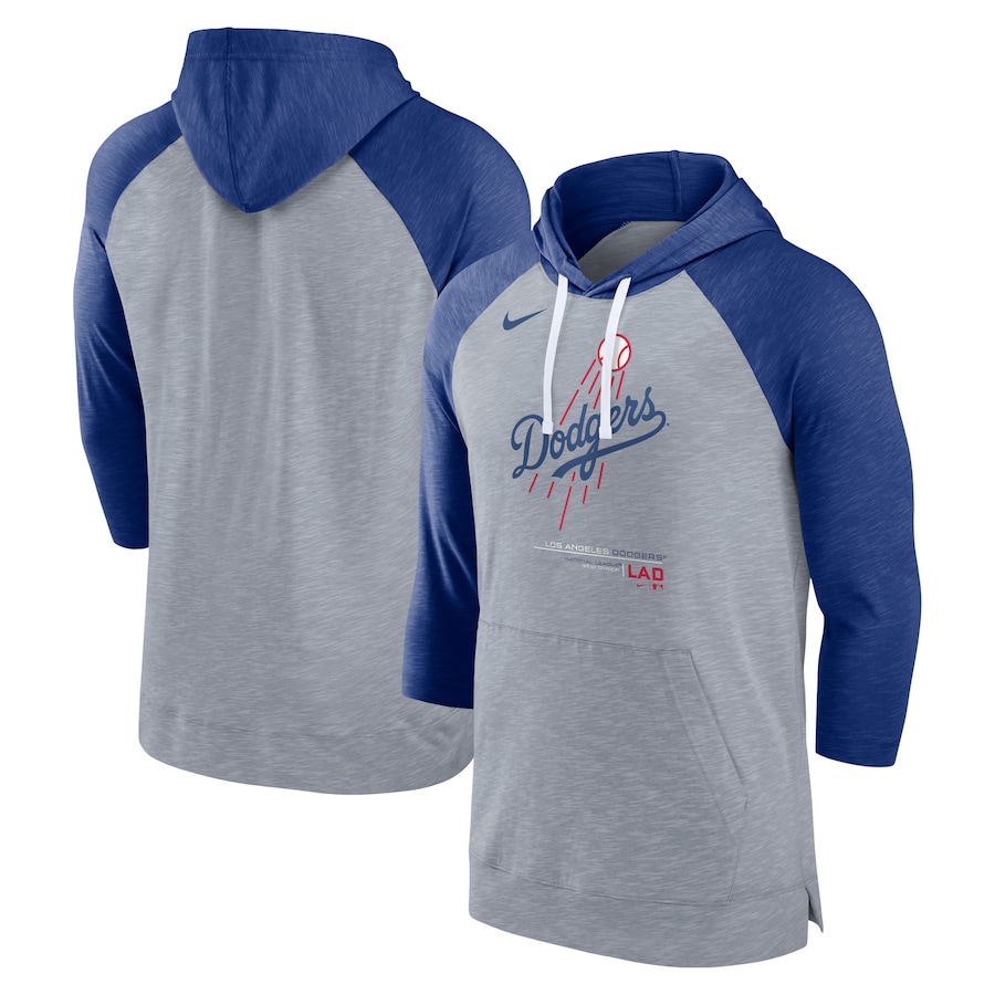 Men's Los Angeles Dodgers Nike Heather Gray/Heather Royal Baseball Raglan 3/4-Sleeve Pullover Hoodie Men's Los Angeles Dodgers Nike Heather Gray/Heather Royal Baseball Raglan 3/4-Sleeve Pullover Hoodie