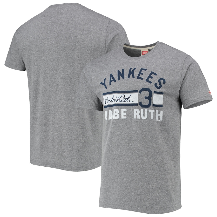 Men's MLB Merchandise Babe Ruth Homage Heathered Gray Remix Jersey Tri-Blend T-Shirt