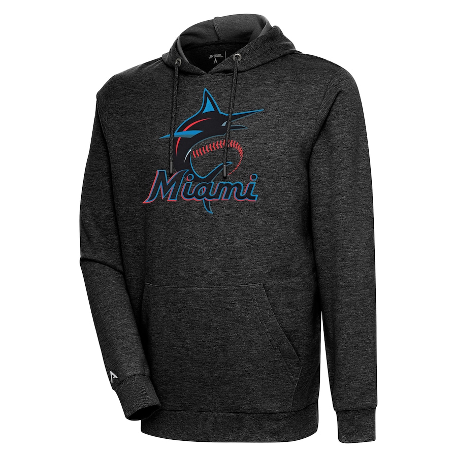 Men's Miami Marlins Antigua Heather Black Action Pullover Hoodie