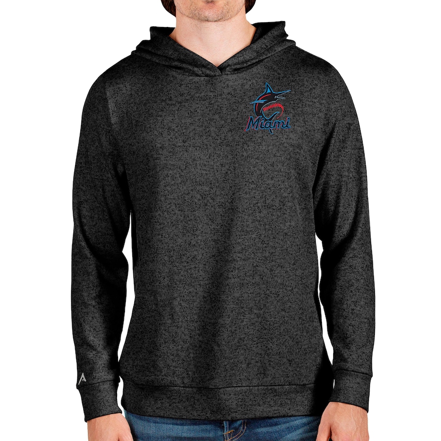 Men's Miami Marlins Antigua Heathered Black Absolute Pullover Hoodie