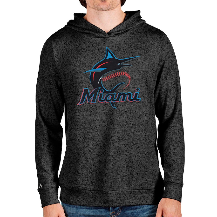 Men's Miami Marlins Antigua Heathered Black Team Logo Absolute Pullover Hoodie