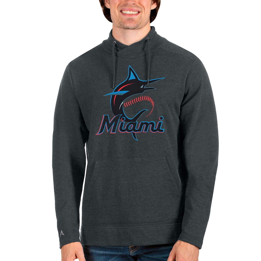Men's Miami Marlins Antigua Heathered Charcoal Reward Pullover Sweatshirt Men's Miami Marlins Antigua Heathered Charcoal Reward Pullover Sweatshirt