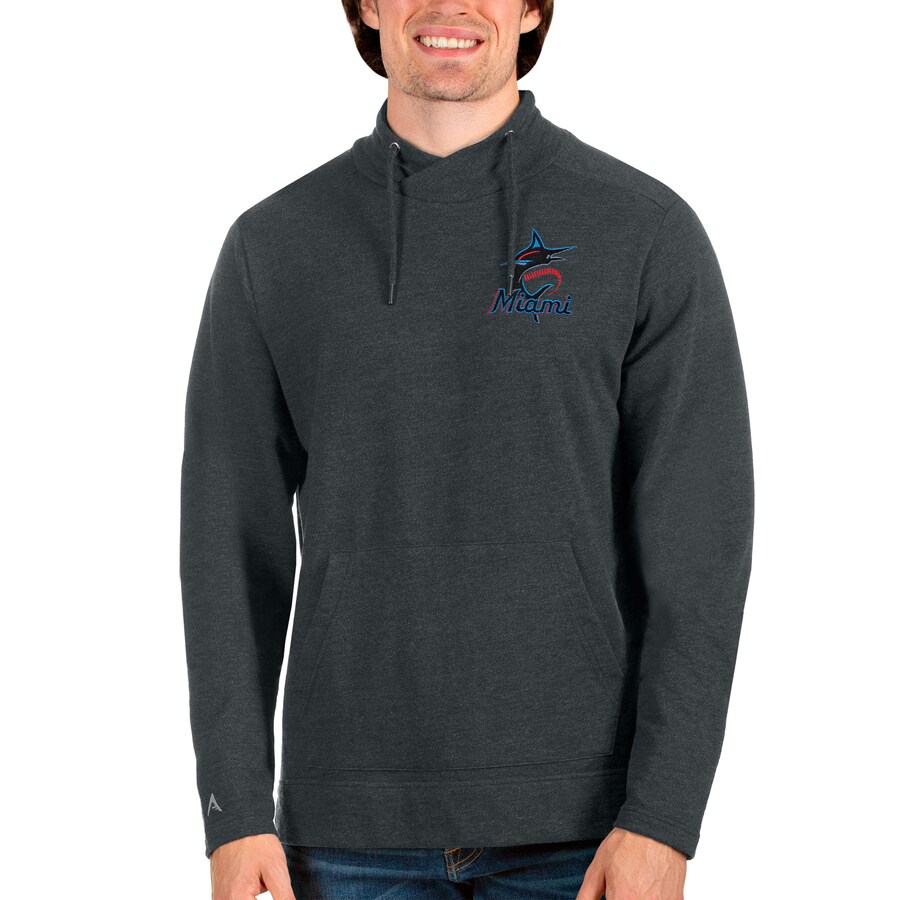 Men's Miami Marlins Antigua Heathered Charcoal Team Reward Pullover Sweatshirt
