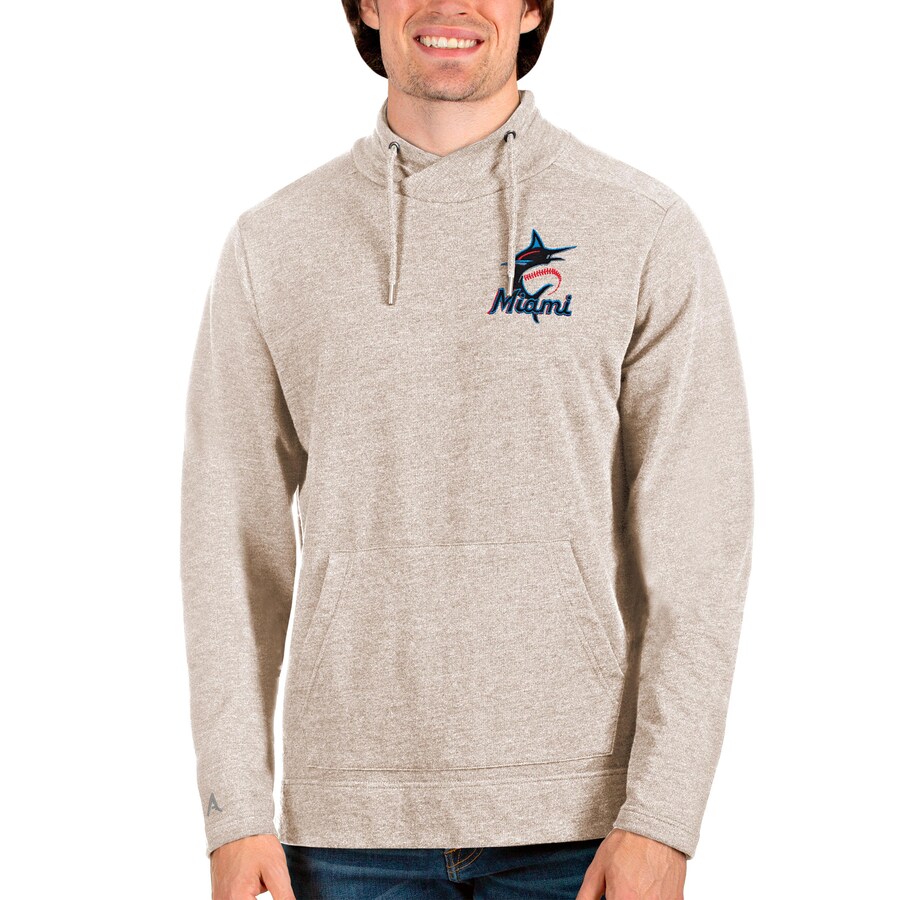 Men's Miami Marlins Antigua Oatmeal Team Reward Pullover Sweatshirt Men's Miami Marlins Antigua Oatmeal Team Reward Pullover Sweatshirt