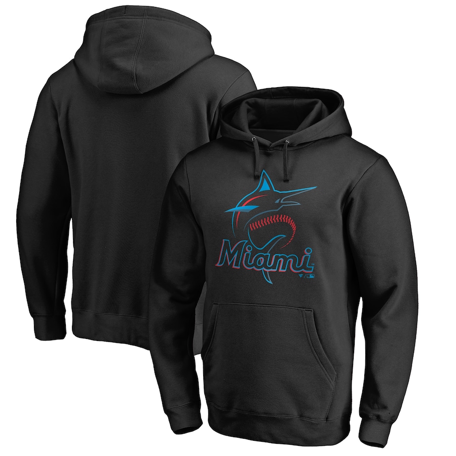 Men's Miami Marlins Black Official Logo Fitted Pullover Hoodie