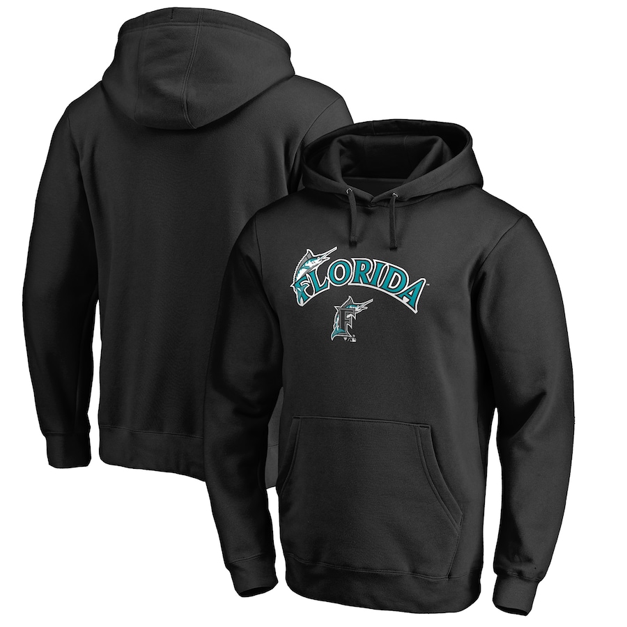 Men's Miami Marlins Black Vintage Cooperstown Collection Wahconah Fitted Pullover Hoodie Men's Miami Marlins Black Vintage Cooperstown Collection Wahconah Fitted Pullover Hoodie