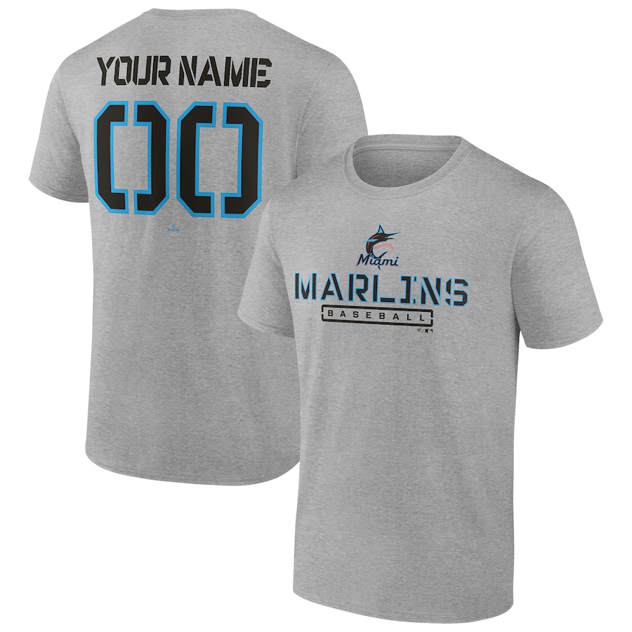 Men's Miami Marlins Heather Gray Evanston Stencil Personalized T-Shirt