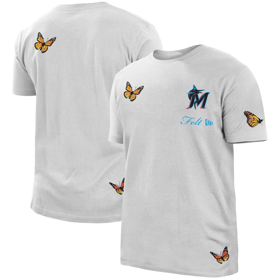 Men's Miami Marlins New Era x FELT White Butterfly T-Shirt Men's Miami Marlins New Era x FELT White Butterfly T-Shirt