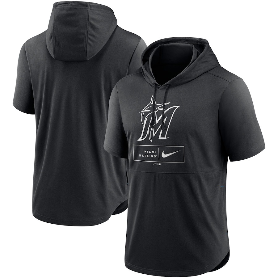 Men's Miami Marlins Nike Black Logo Lockup Performance Short-Sleeved Pullover Hoodie