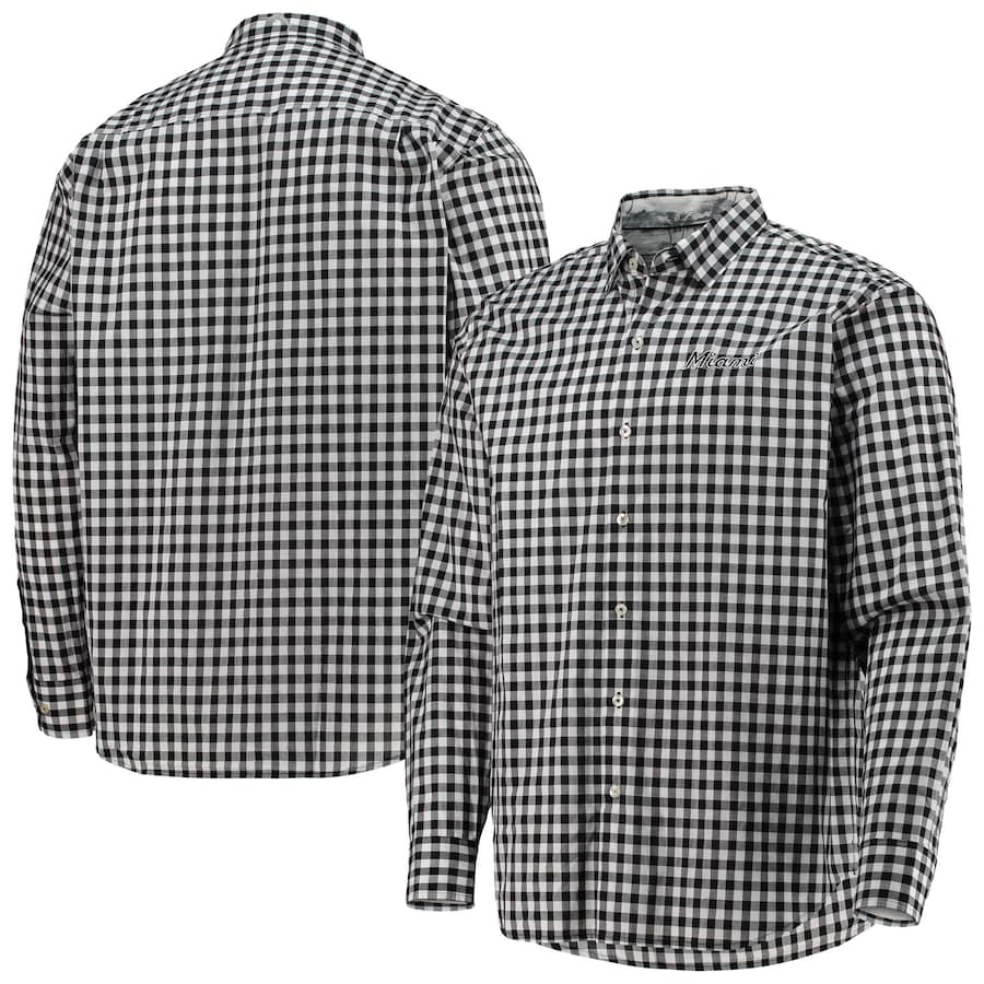 Men's Miami Marlins Tommy Bahama Black Pacific Button-Up T-Shirt Men's Miami Marlins Tommy Bahama Black Pacific Button-Up T-Shirt