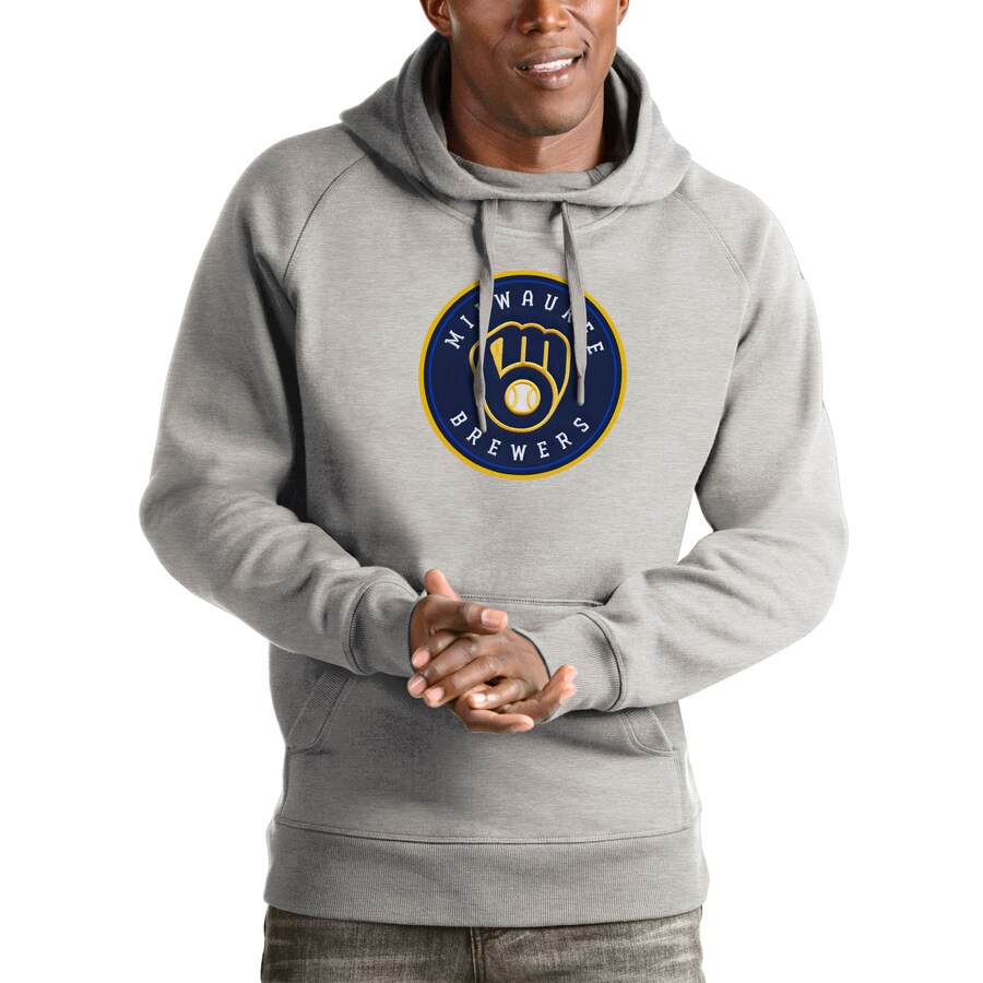 Men's Milwaukee Brewers Antigua Heather Gray Victory Pullover Team Logo Hoodie