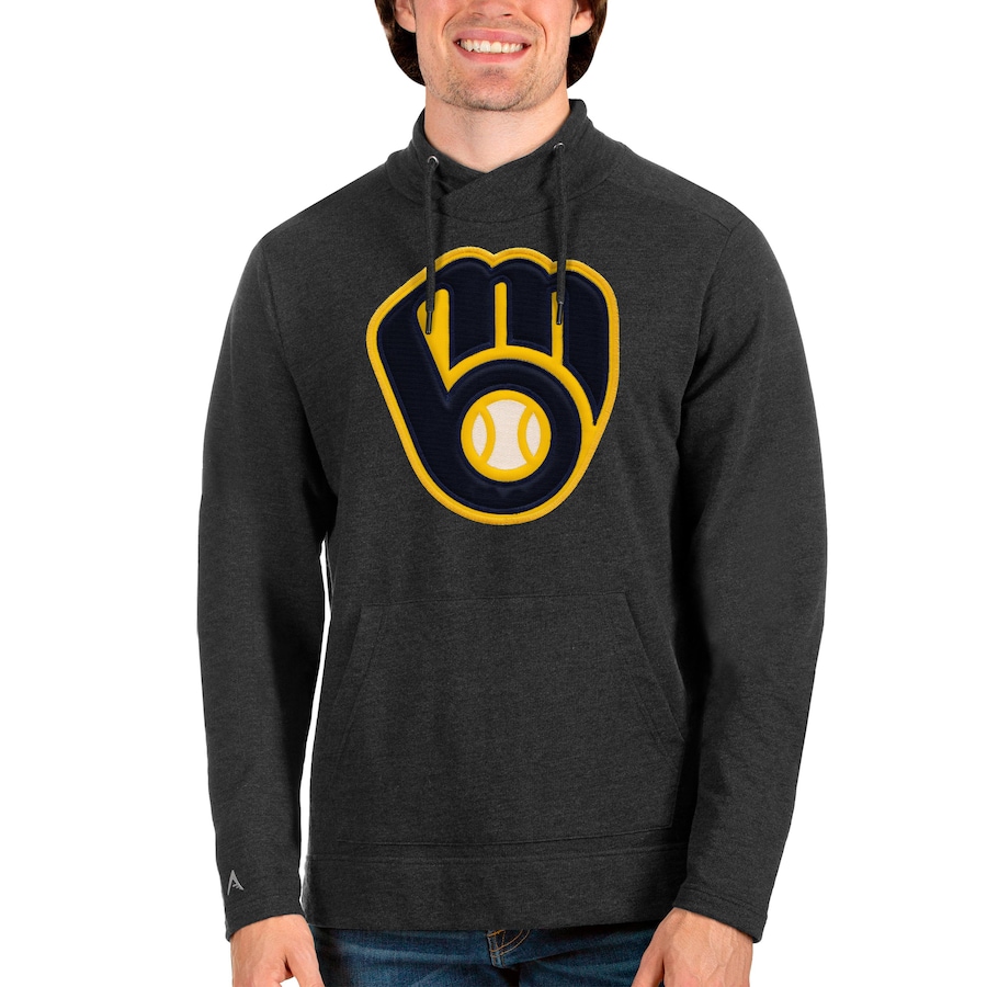 Men's Milwaukee Brewers Antigua Heathered Black Reward Pullover Sweatshirt