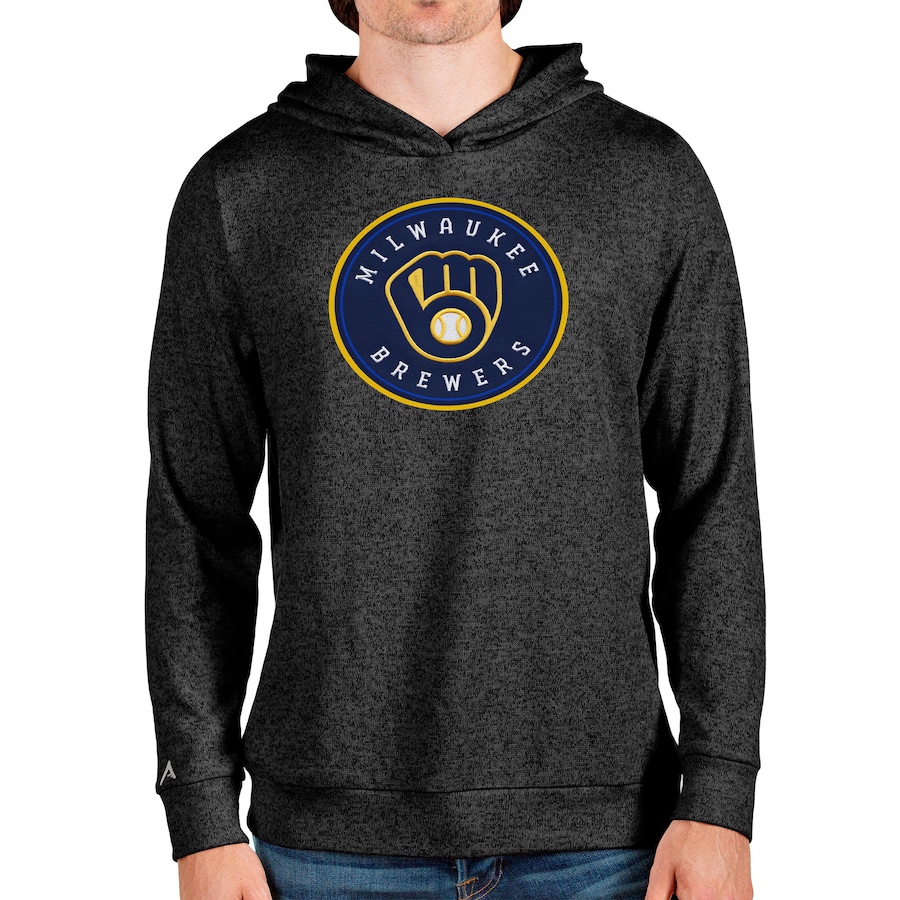 Men's Milwaukee Brewers Antigua Heathered Black Team Logo Absolute Pullover Hoodie